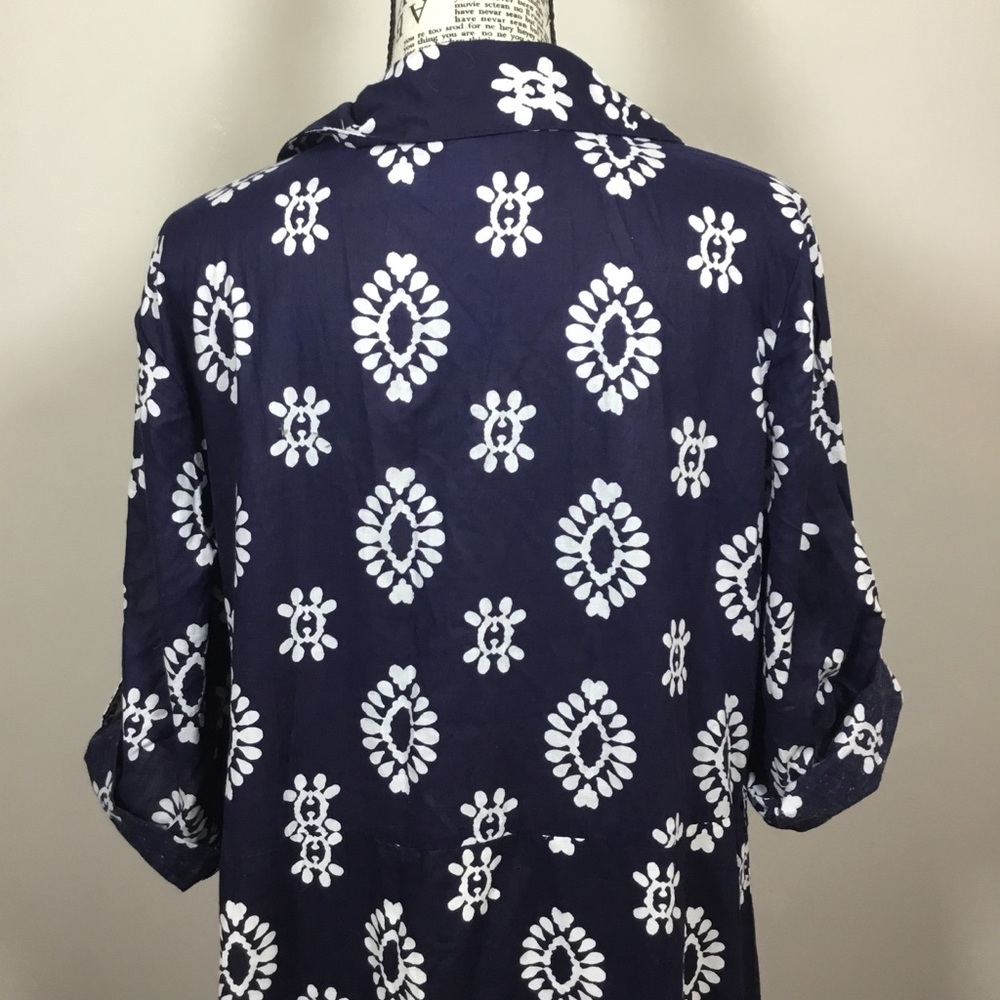 Mlle Gabrielle Navy blue paisley 100% cotton long dress like new button top sz L - Picture 6 of 8
